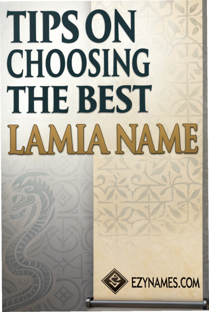 Alt text: Tips on choosing the best Lamia name scroll-style design with decorative serpent patterns and vintage background, branded Ezynames.com.