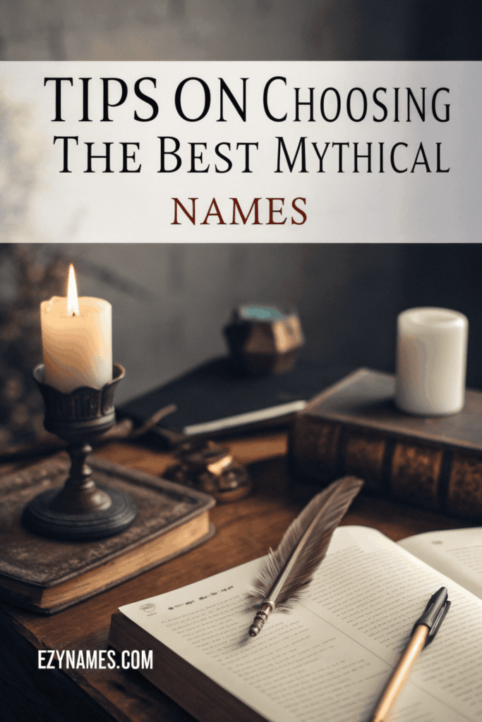 Tips on Choosing the Best Mythical Names image showing candlelight, old books, open journal, feather quill, and a moody scholarly writing desk scene.