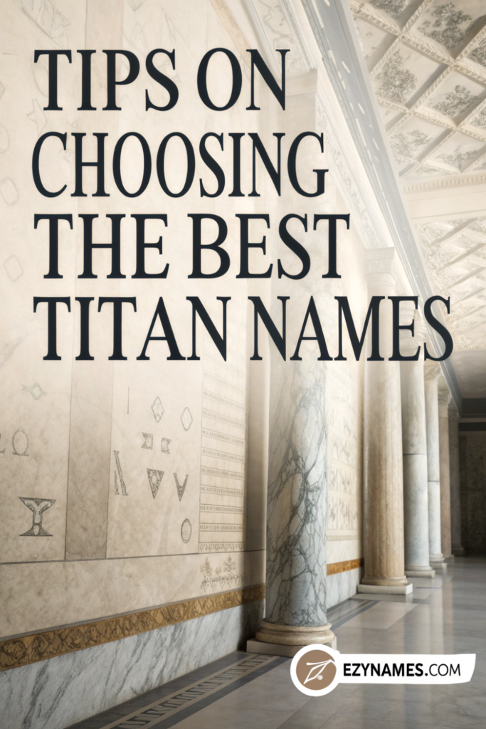 Tips on choosing the best Titan names design inside a grand marble hall with carved walls and classical pillars, branded Ezynames.com