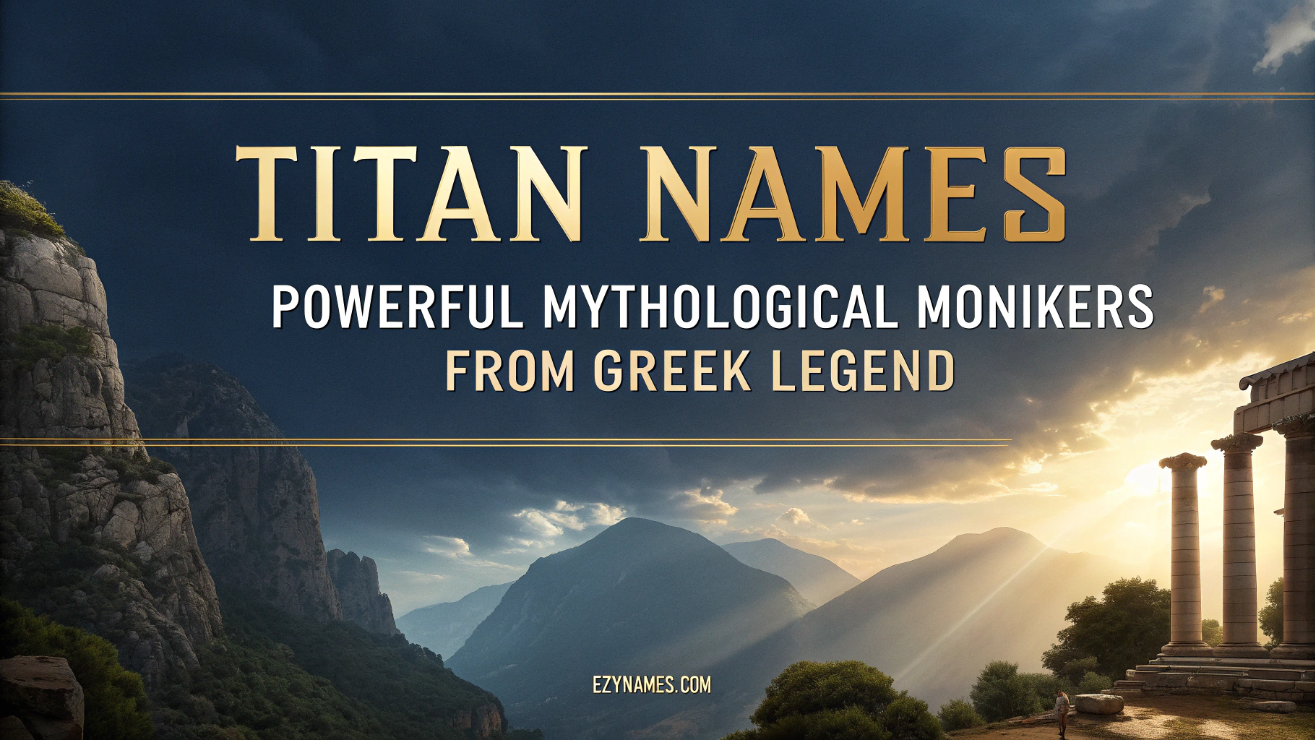 Titan Names poster featuring golden serif text over a dramatic Greek mountain landscape with ancient columns and sunset light.
