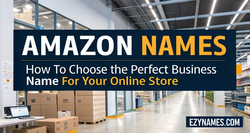 Banner titled "Amazon Names: How To Choose the Perfect Business Name For Your Online Store" featuring a modern warehouse with shelves, shipping boxes, and a fulfillment center setting, designed for e-commerce and online store naming ideas.