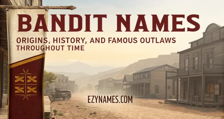 Western-themed banner titled "Bandit Names: Origins, History, and Famous Outlaws Throughout Time" featuring a dusty Old West town, wooden buildings, and a vintage outlaw atmosphere.