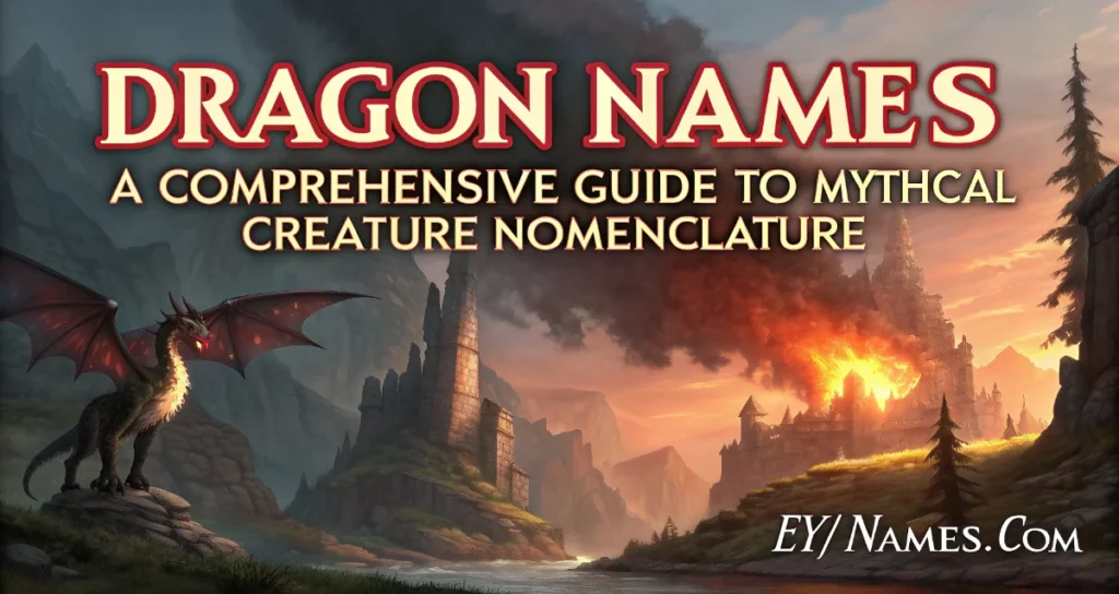 Fantasy banner titled "Dragon Names: A Comprehensive Guide to Mythical Creature Nomenclature" featuring a black dragon overlooking a valley while a distant castle burns beneath a dramatic sunset sky.
