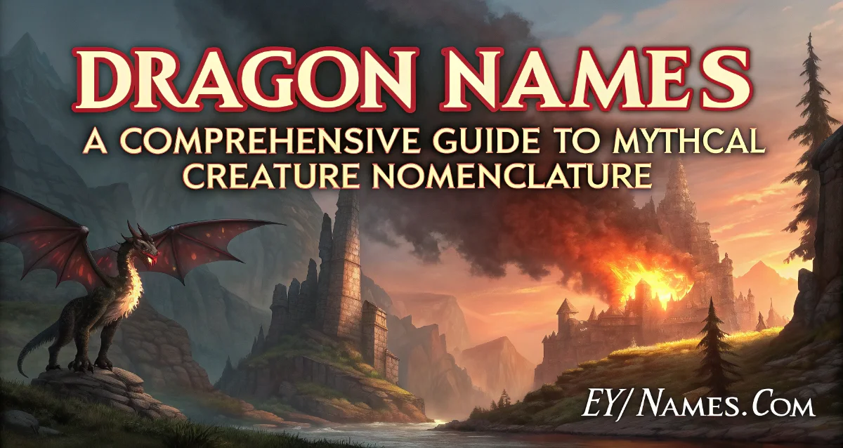 Fantasy banner titled "Dragon Names: A Comprehensive Guide to Mythical Creature Nomenclature" featuring a black dragon overlooking a valley while a distant castle burns beneath a dramatic sunset sky.
