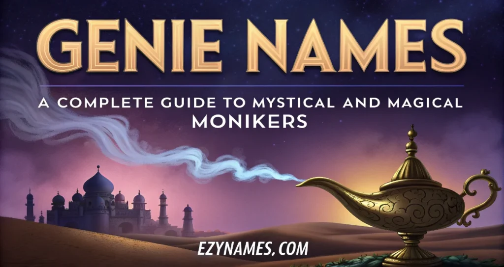 Magical fantasy banner titled "Genie Names: A Complete Guide to Mystical and Magical Monikers" featuring a golden genie lamp in a desert landscape with a palace, swirling magical smoke, and a starry twilight sky.