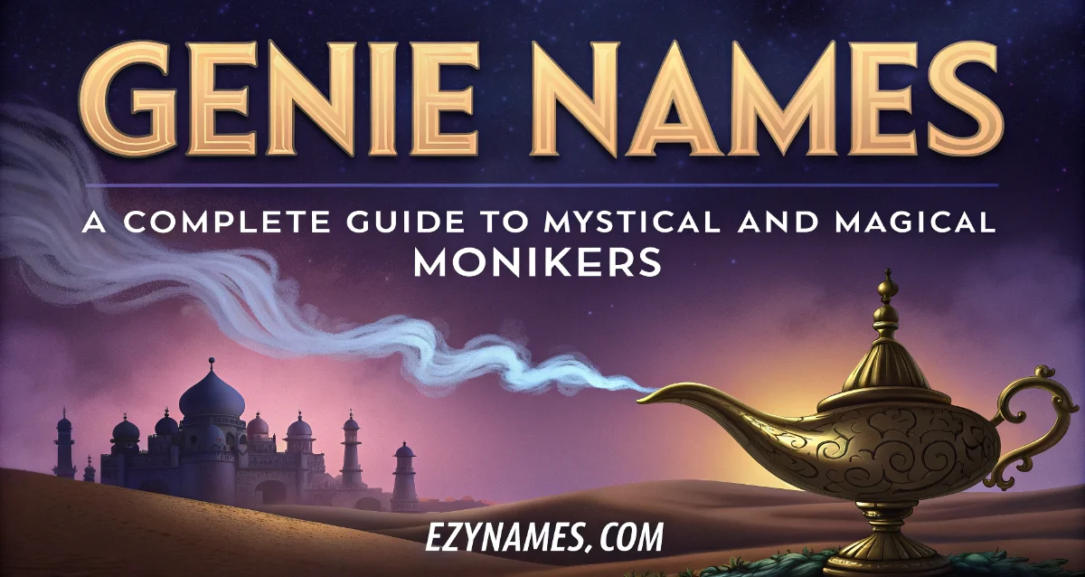 Magical fantasy banner titled "Genie Names: A Complete Guide to Mystical and Magical Monikers" featuring a golden genie lamp in a desert landscape with a palace, swirling magical smoke, and a starry twilight sky.