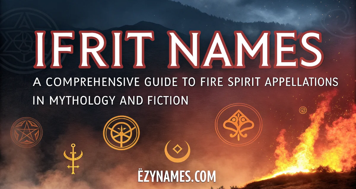 Pinterest graphic titled "Ifrit Names: A Comprehensive Guide to Fire Spirit Appellations in Mythology and Fiction" featuring a dark mountain landscape, glowing wildfire, mystical symbols, and the website EZYNAMES.COM.