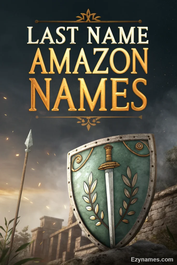 Pinterest graphic featuring a decorative green shield with a sword emblem standing before ancient stone ruins. Elegant gold text reads “Last Name Amazon Names” against a dramatic sky with floating sparks.
