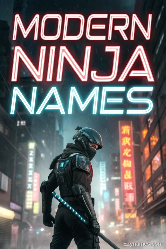 A cyberpunk-style book cover titled “Modern Ninja Names.” A masked ninja in black tactical armor stands in a rain-soaked neon-lit city street at night, holding a blue-handled sword behind their back. Bright pink and blue glowing signs illuminate the futuristic urban scene, with mist and rain creating a dramatic atmosphere.