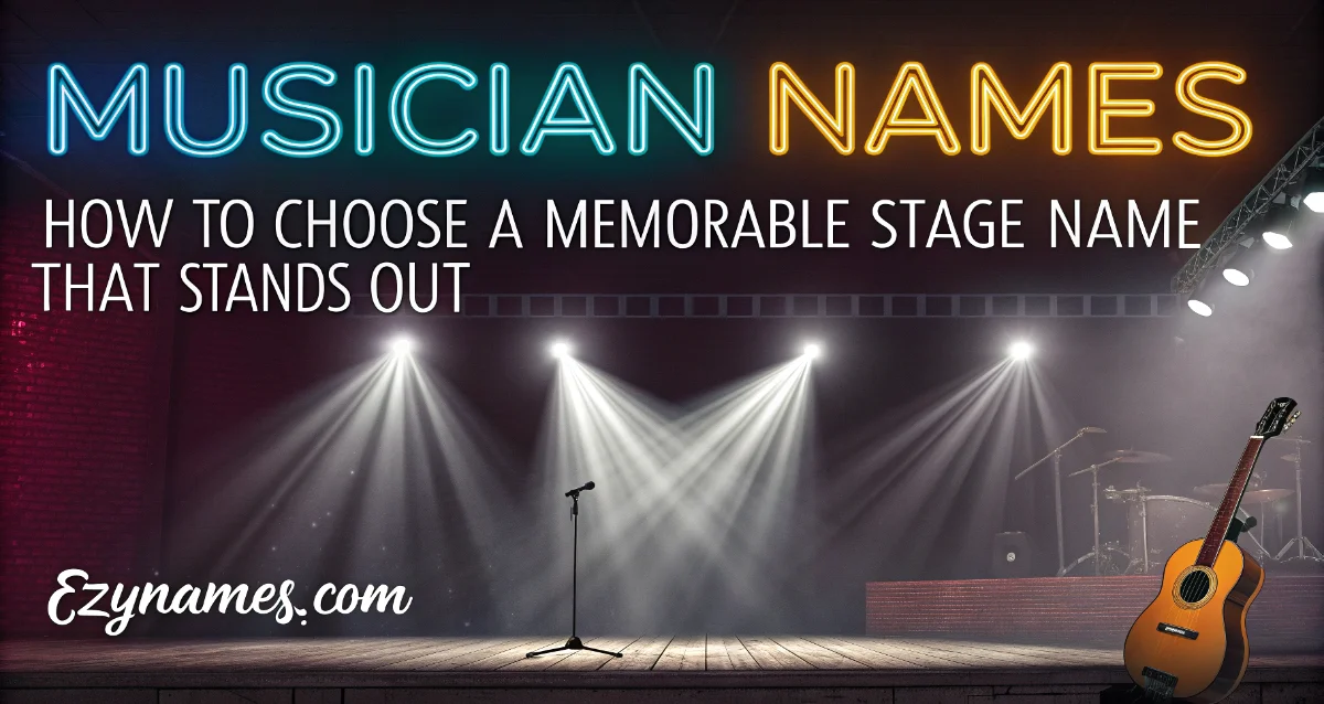 Stage-themed banner titled "Musician Names: How To Choose a Memorable Stage Name That Stands Out" featuring a concert stage with spotlights, microphone stand, drum kit, and acoustic guitar.