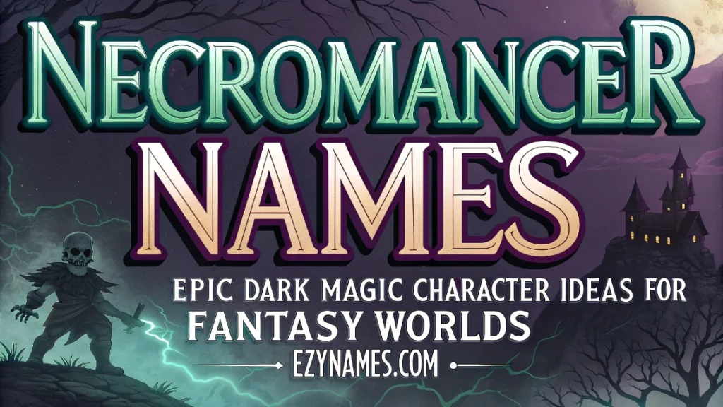 Dark fantasy banner titled "Necromancer Names: Epic Dark Magic Character Ideas for Fantasy Worlds" featuring a skeletal necromancer, lightning-filled sky, eerie castle, and supernatural magical atmosphere.
