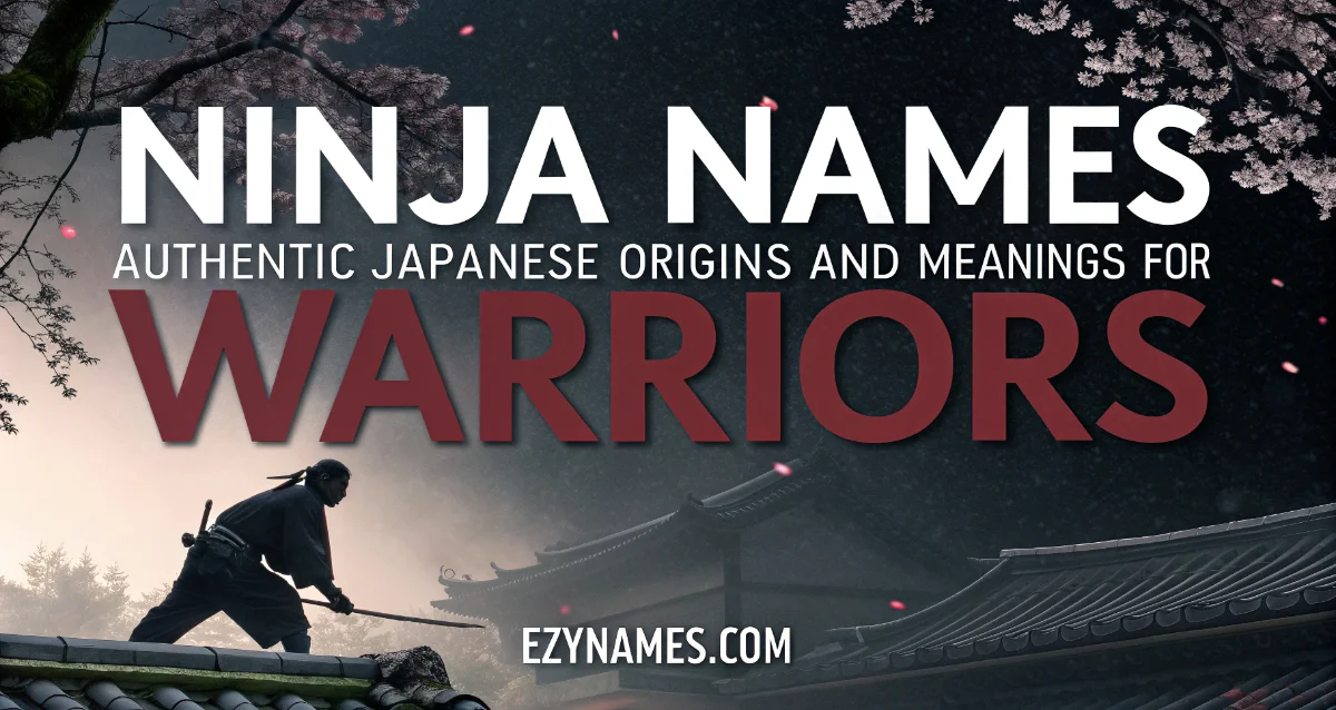Japanese-inspired banner titled "Ninja Names: Authentic Japanese Origins and Meanings for Warriors" featuring a ninja standing on a rooftop with a sword, cherry blossoms, and traditional temple rooftops at dusk.
