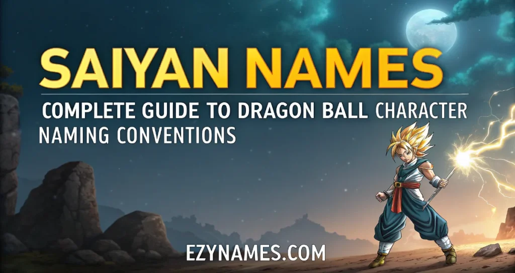 Anime-inspired banner titled "Saiyan Names: Complete Guide to Dragon Ball Character Naming Conventions" featuring a powerful warrior with spiky golden hair channeling energy in a moonlit rocky landscape.