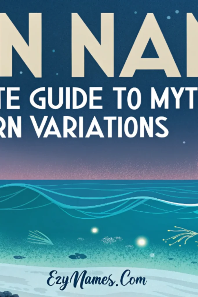 Pinterest banner titled "Siren Names: A Complete Guide to Mythological and Modern Variations" featuring a serene moonlit ocean scene with gentle waves, coral reefs, seashells, marine life, glowing underwater lights, and a distant sailboat on the horizon. The design uses calming blue and turquoise tones with EzyNames.com displayed at the bottom.