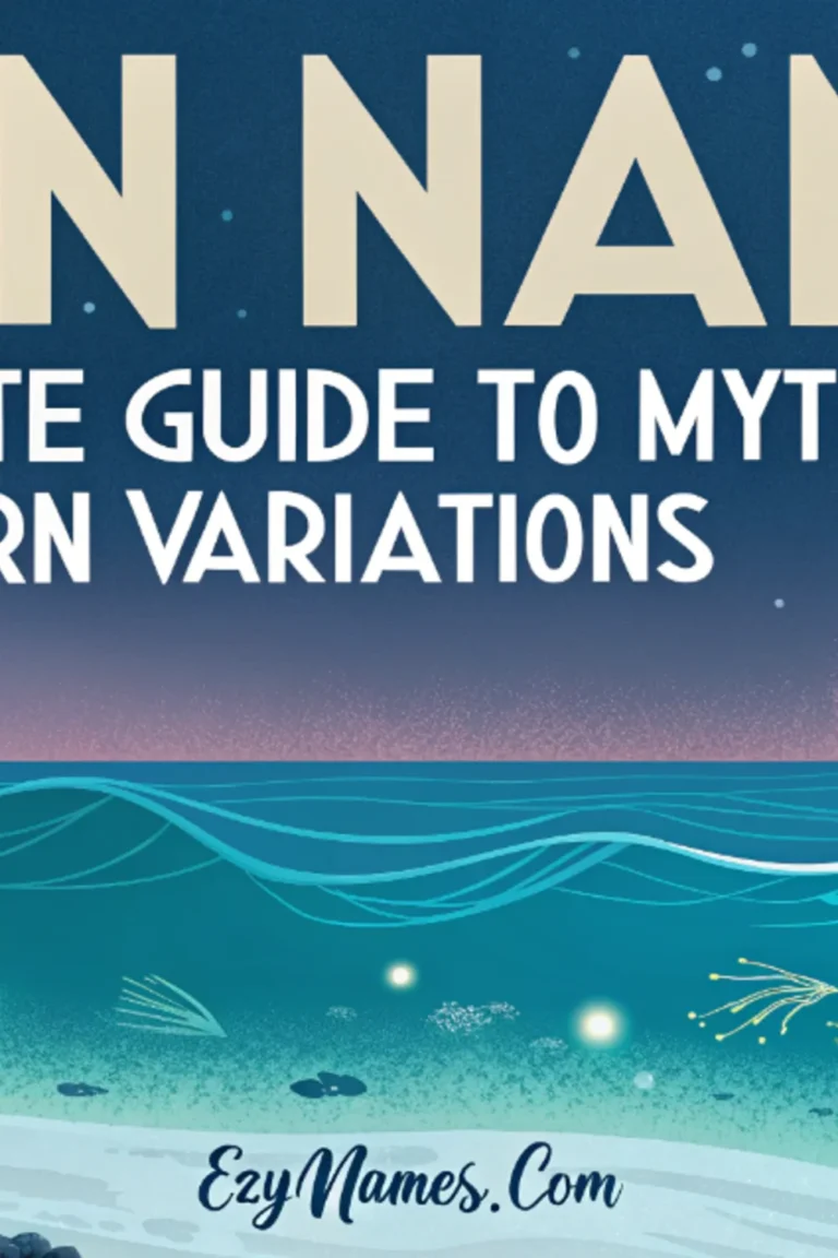 Pinterest banner titled "Siren Names: A Complete Guide to Mythological and Modern Variations" featuring a serene moonlit ocean scene with gentle waves, coral reefs, seashells, marine life, glowing underwater lights, and a distant sailboat on the horizon. The design uses calming blue and turquoise tones with EzyNames.com displayed at the bottom.