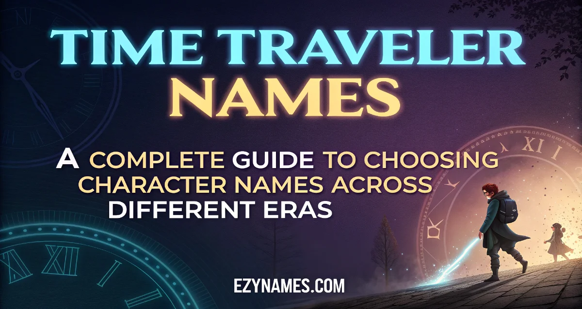 Science-fiction banner titled "Time Traveler Names: A Complete Guide to Choosing Character Names Across Different Eras" featuring glowing clock faces, a time portal, and travelers moving between timelines.