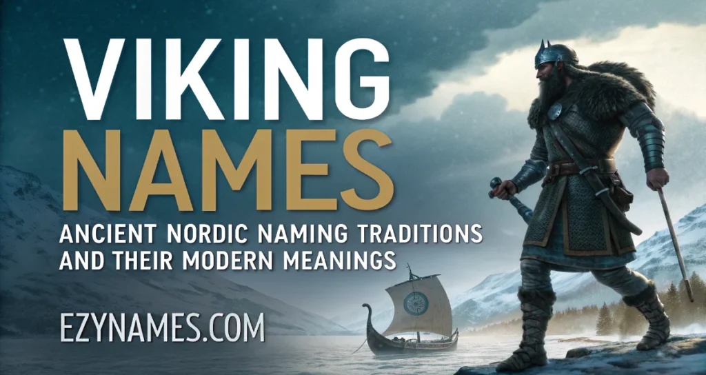 Nordic-themed banner titled "Viking Names: Ancient Nordic Naming Traditions and Their Modern Meanings" featuring a Viking warrior overlooking a snowy fjord with a longship sailing through icy waters.