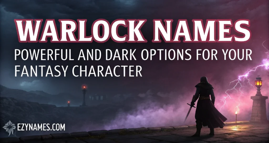 Fantasy banner titled "Warlock Names: Powerful and Dark Options for Your Fantasy Character" featuring a cloaked warlock standing amid purple lightning, mist, and a mysterious magical landscape.