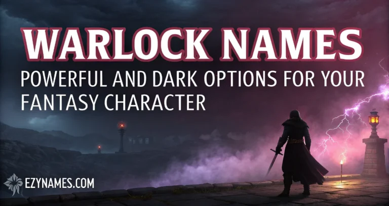 Fantasy banner titled "Warlock Names: Powerful and Dark Options for Your Fantasy Character" featuring a cloaked warlock standing amid purple lightning, mist, and a mysterious magical landscape.