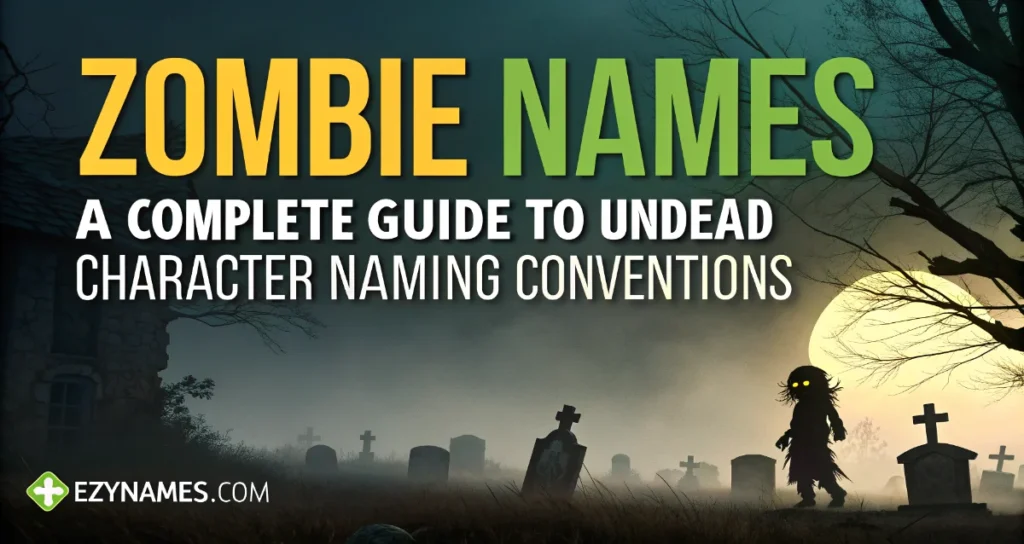 Pinterest banner titled "Zombie Names: A Complete Guide to Undead Character Naming Conventions" featuring a foggy graveyard at night with tombstones, a glowing full moon, barren trees, and a small zombie figure with glowing yellow eyes walking through the cemetery. The design promotes zombie-inspired names for characters, stories, games, and fantasy worlds.