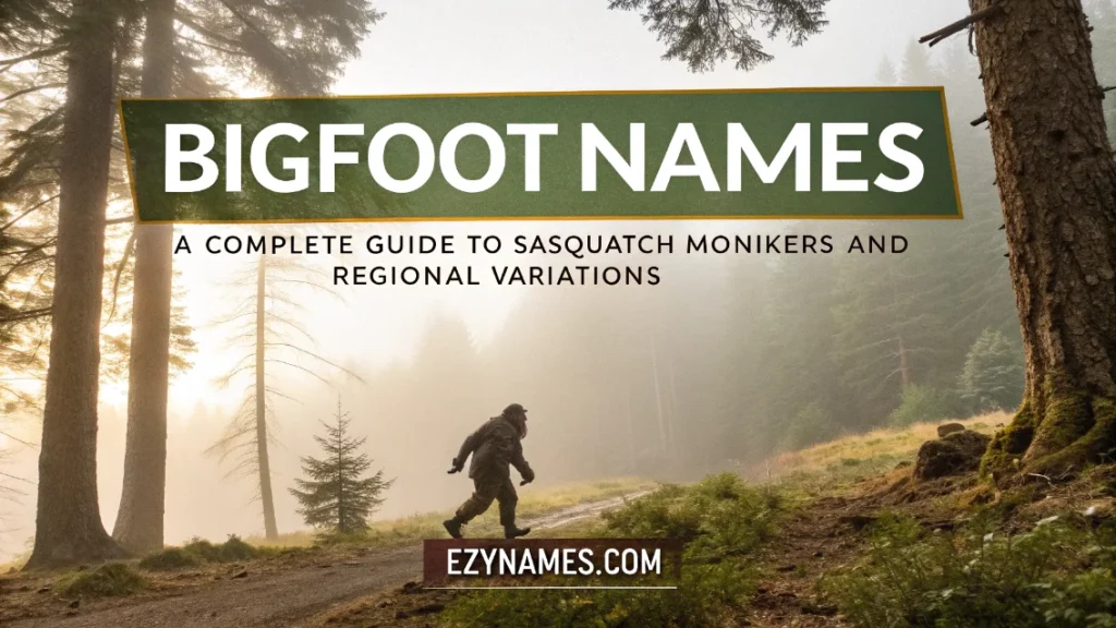 Bigfoot names Pinterest banner showing a Sasquatch walking through a misty forest with title about regional name variations.