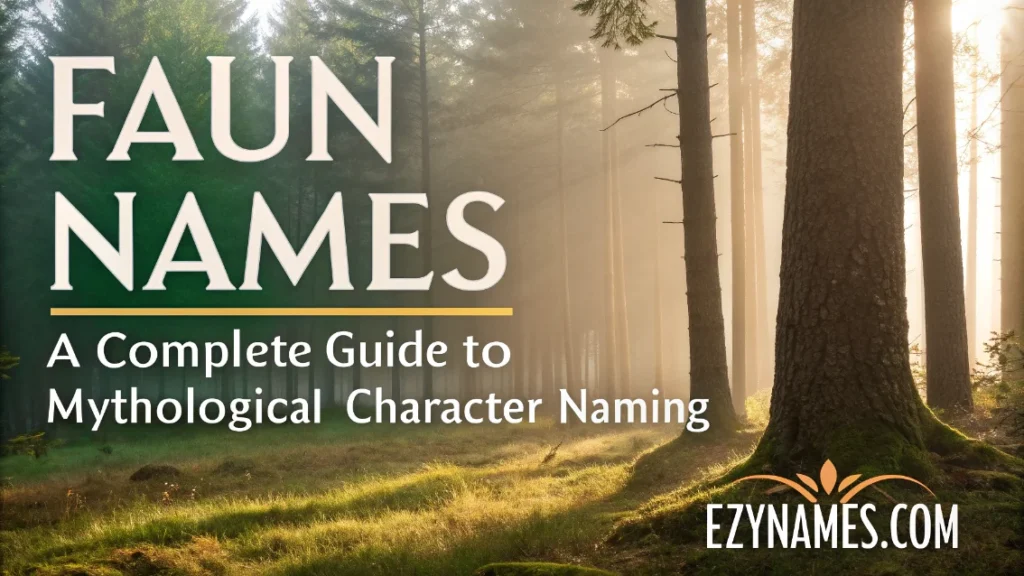 Faun names guide with a peaceful sunlit forest scene and large title promoting mythological character naming ideas.