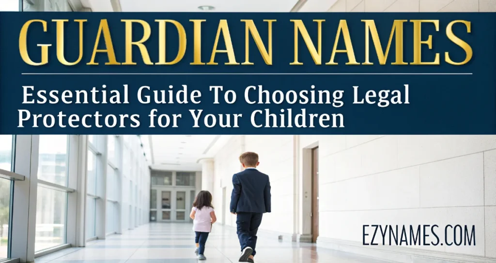 Guardian names guide showing two children walking down a bright hallway with text about choosing legal guardians.