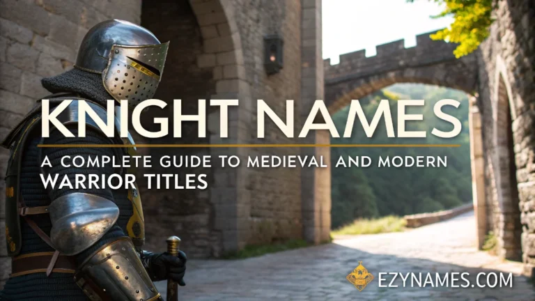 Knight names guide featuring an armored medieval knight standing in a stone castle courtyard with bold title text.