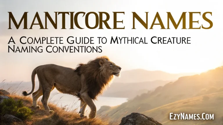 Manticore names Pinterest banner featuring a majestic lion on a mountain ridge at sunrise with mythological naming guide title.