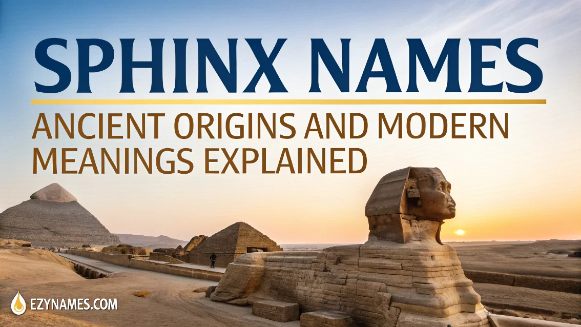 Sphinx names guide featuring the Great Sphinx and pyramids at sunset with text about ancient origins and modern meanings.