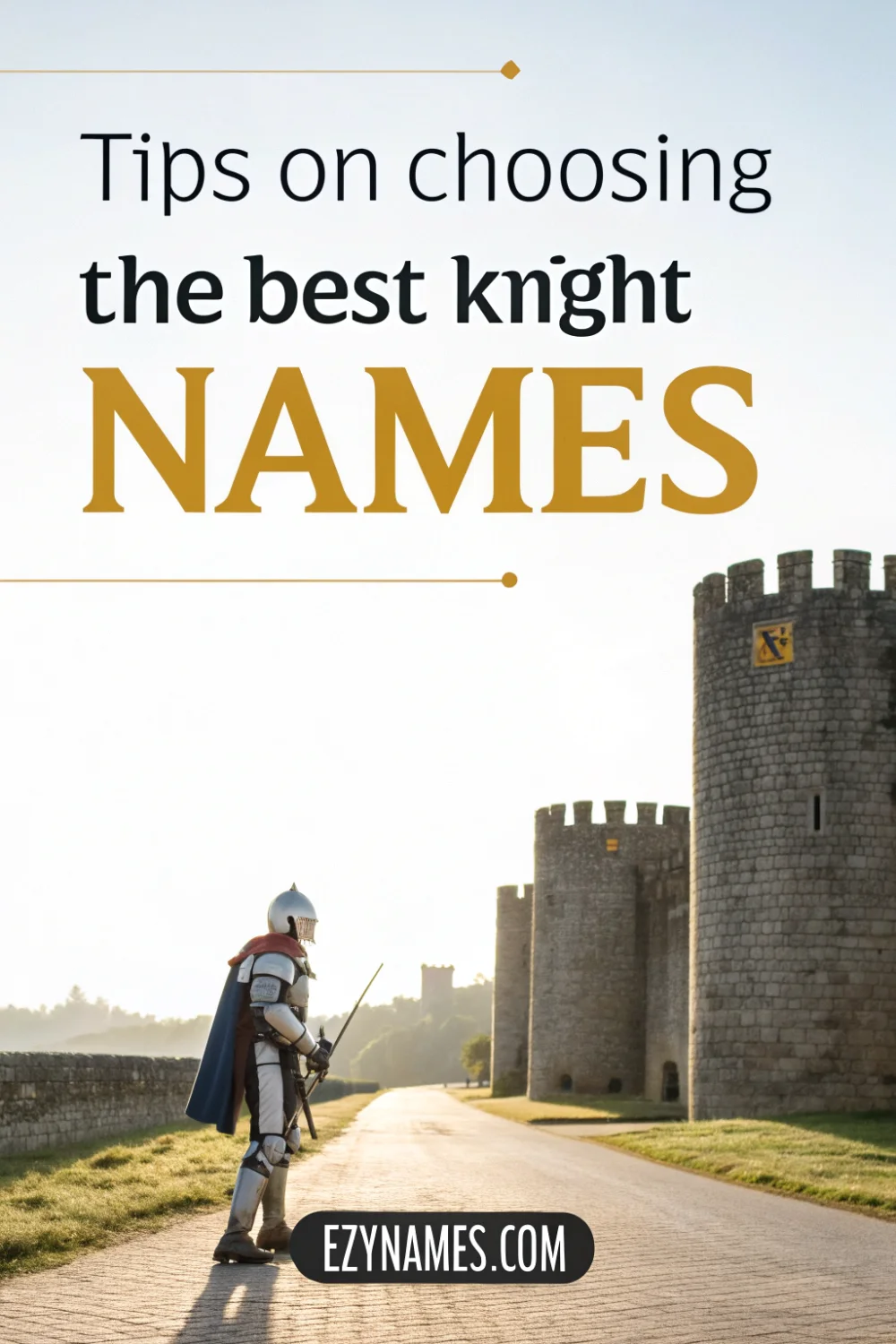 tips on choosing the best knight names poster featuring an armored knight walking beside a medieval castle road at sunrise
