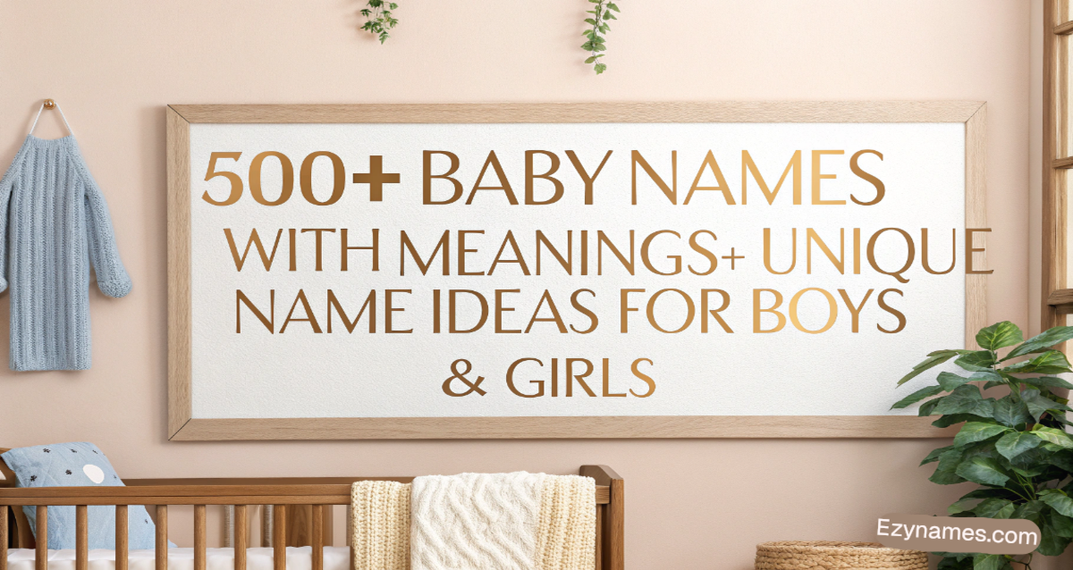 500+ baby names with meanings for boys and girls, featuring unique baby name ideas in a modern nursery with a wooden crib and neutral décor.