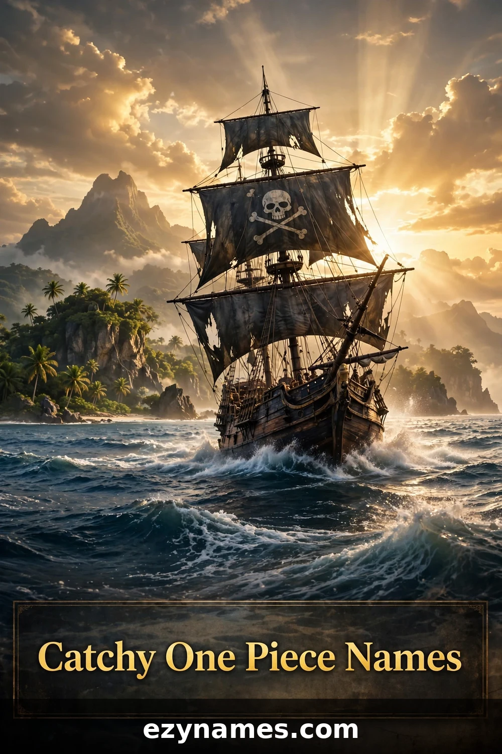 Illustration for Catchy One Piece Names - pirate ship golden hour