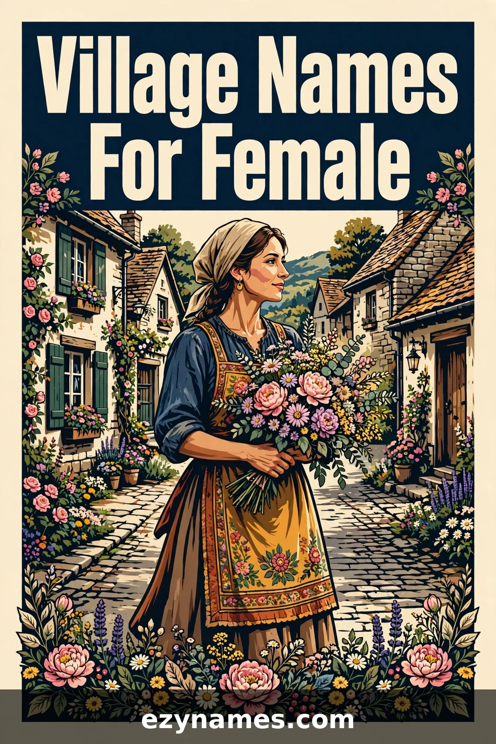 Illustration for Female Village Name Ideas - village woman with flowers